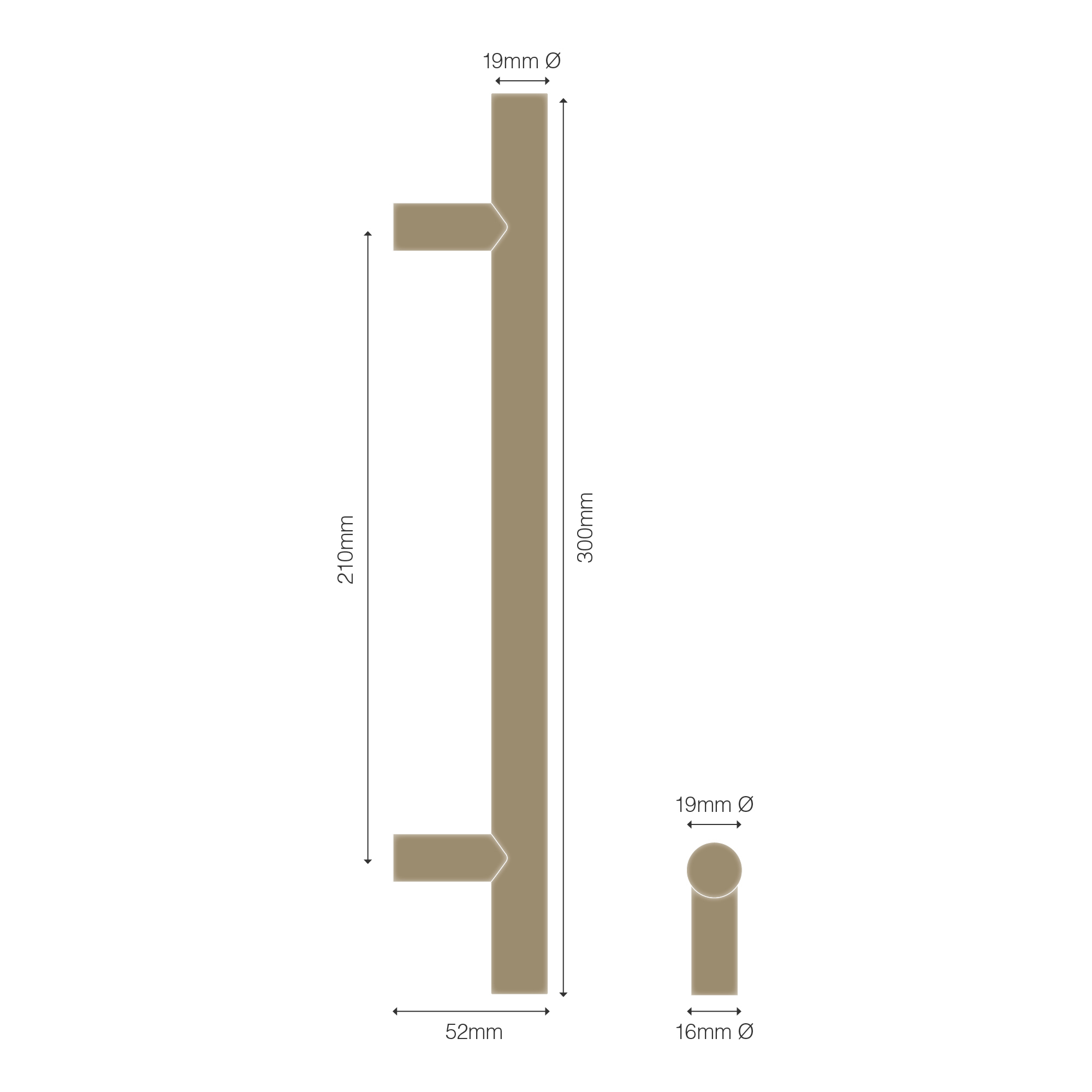 Solid Brass Round Pull Handle 300mm Product Dimensions 2000x2000px